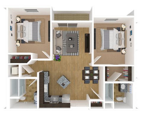 Floor plan for 2 beds, 2 baths, 923 sqft